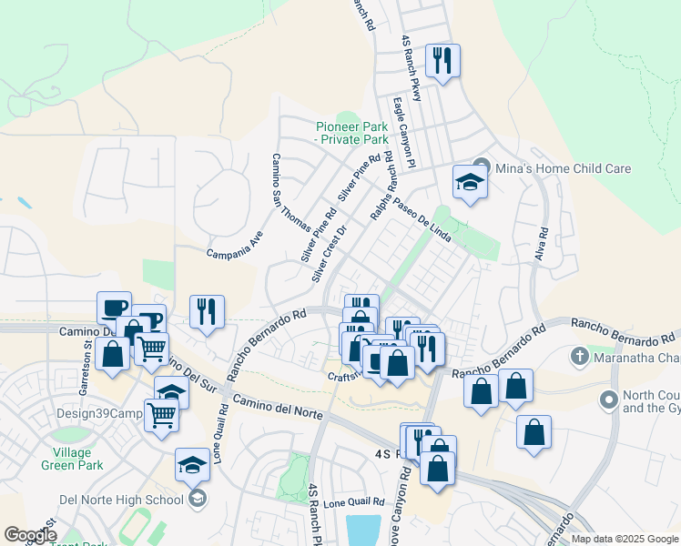 map of restaurants, bars, coffee shops, grocery stores, and more near 16956 Laurel Hill Lane in San Diego