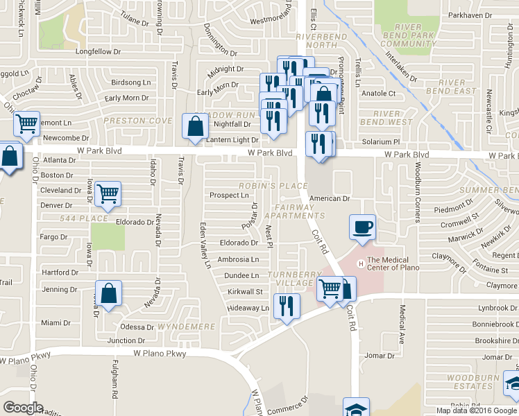 map of restaurants, bars, coffee shops, grocery stores, and more near 1800 Polstar Drive in Plano