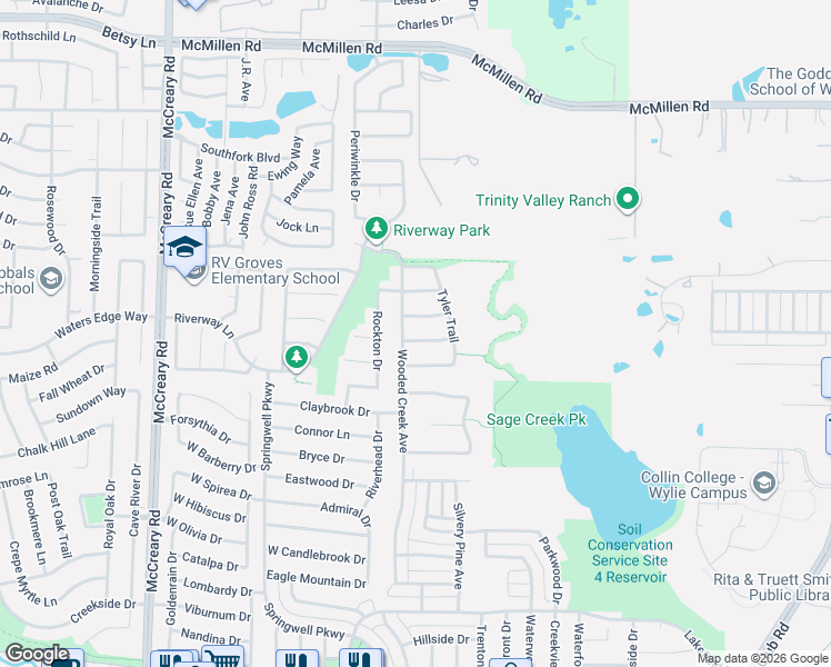 map of restaurants, bars, coffee shops, grocery stores, and more near 2910 Holly Lane in Wylie