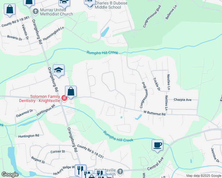 map of restaurants, bars, coffee shops, grocery stores, and more near 1120 Trotters Boulevard in Summerville