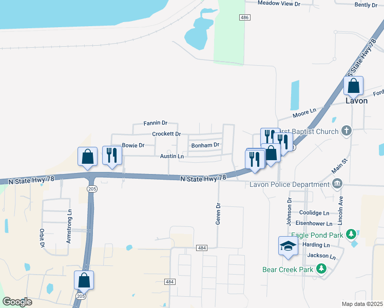 map of restaurants, bars, coffee shops, grocery stores, and more near 701 Austin Lane in Lavon