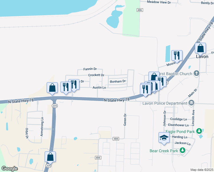 map of restaurants, bars, coffee shops, grocery stores, and more near 701 Austin Ln in Lavon