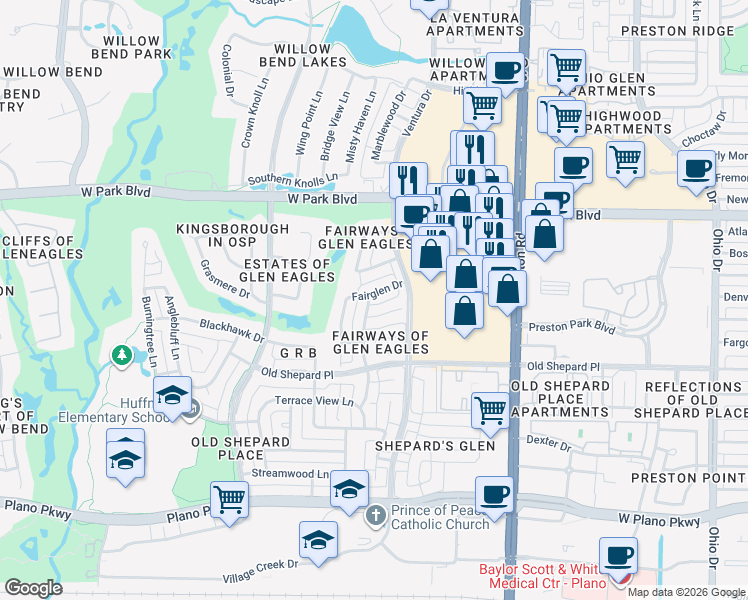 map of restaurants, bars, coffee shops, grocery stores, and more near 5116 Fairglen Drive in Plano
