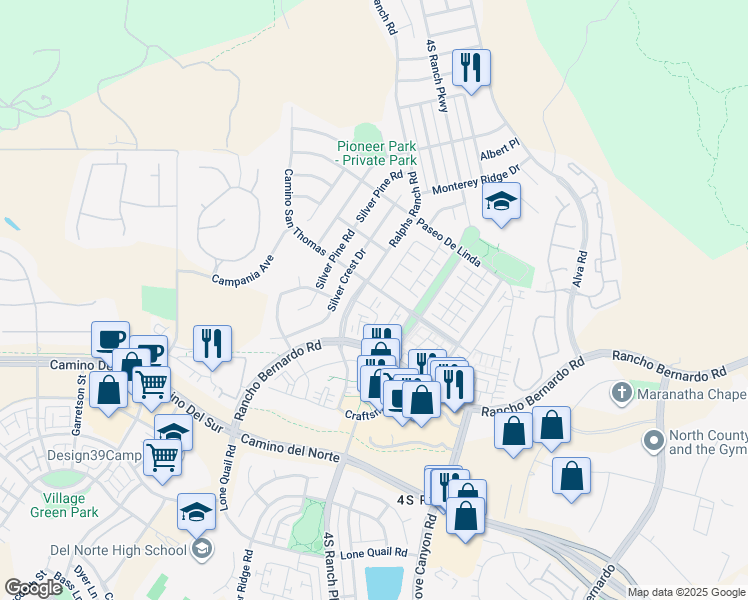 map of restaurants, bars, coffee shops, grocery stores, and more near 16911 Bixby Street in San Diego