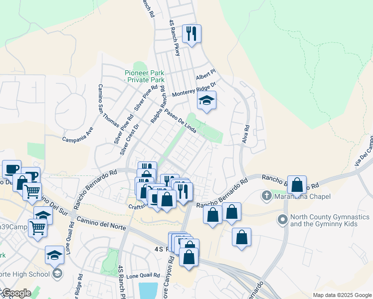 map of restaurants, bars, coffee shops, grocery stores, and more near 17022 Calle Trevino in San Diego