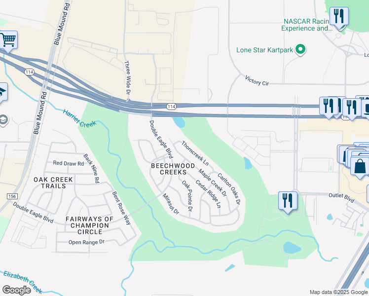 map of restaurants, bars, coffee shops, grocery stores, and more near 2732 Thorncreek Lane in Fort Worth