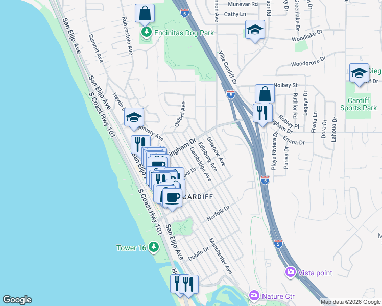 map of restaurants, bars, coffee shops, grocery stores, and more near 2032 Cambridge Avenue in Encinitas