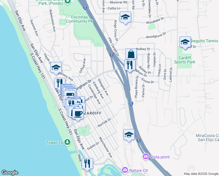 map of restaurants, bars, coffee shops, grocery stores, and more near 527 Liverpool Drive in Encinitas