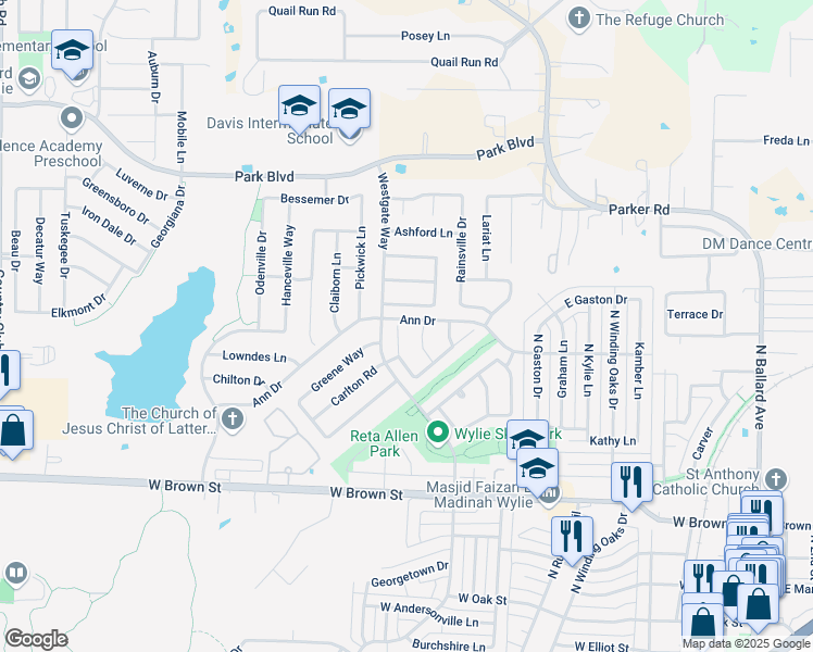 map of restaurants, bars, coffee shops, grocery stores, and more near 522 Robinwood Road in Wylie