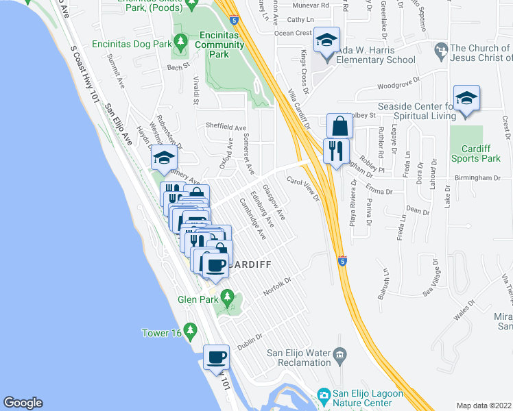 map of restaurants, bars, coffee shops, grocery stores, and more near 2058 Edinburg Avenue in Encinitas