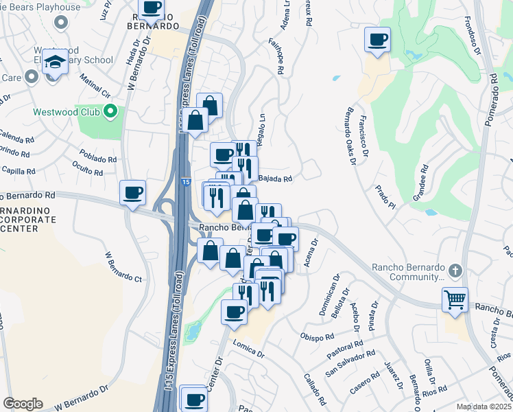 map of restaurants, bars, coffee shops, grocery stores, and more near 17083 Bernardo Center Drive in San Diego
