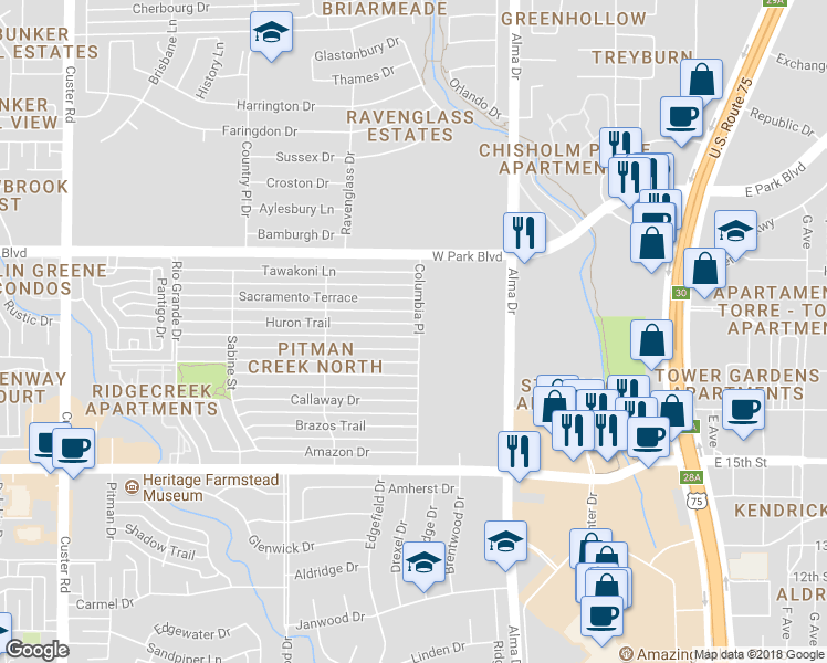 map of restaurants, bars, coffee shops, grocery stores, and more near 1400 Huron Trail in Plano