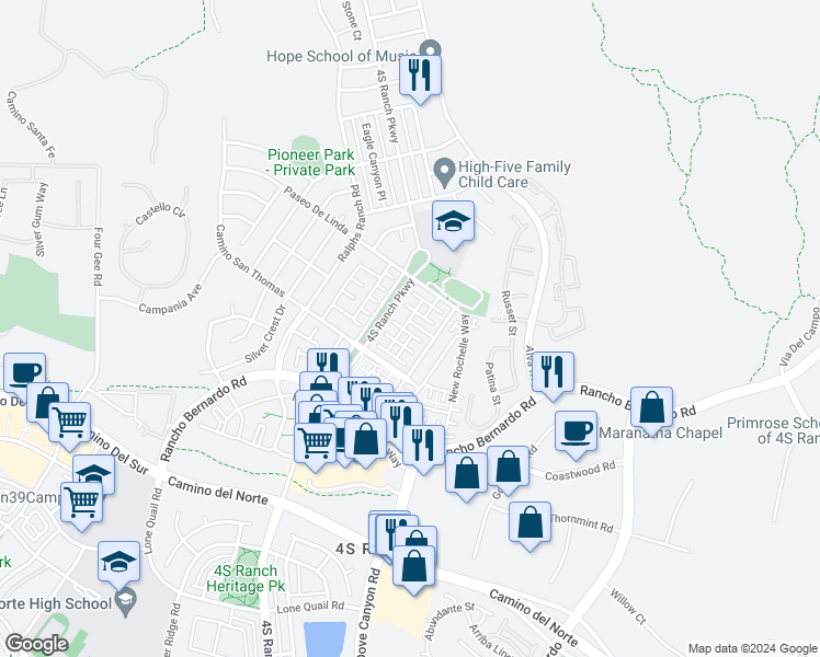 map of restaurants, bars, coffee shops, grocery stores, and more near 17035 Calle Trevino in San Diego