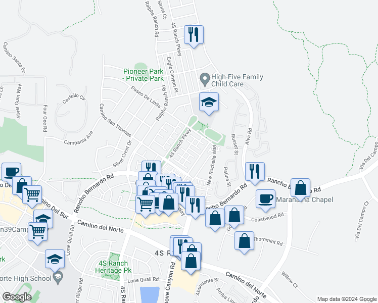 map of restaurants, bars, coffee shops, grocery stores, and more near 17023 Calle Trevino in San Diego
