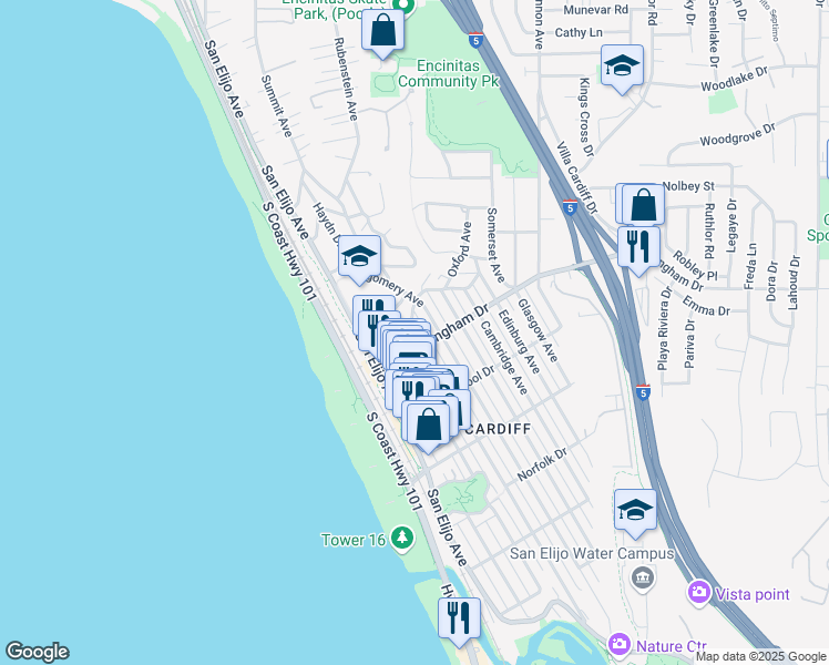 map of restaurants, bars, coffee shops, grocery stores, and more near 1973 Manchester Ave in Encinitas
