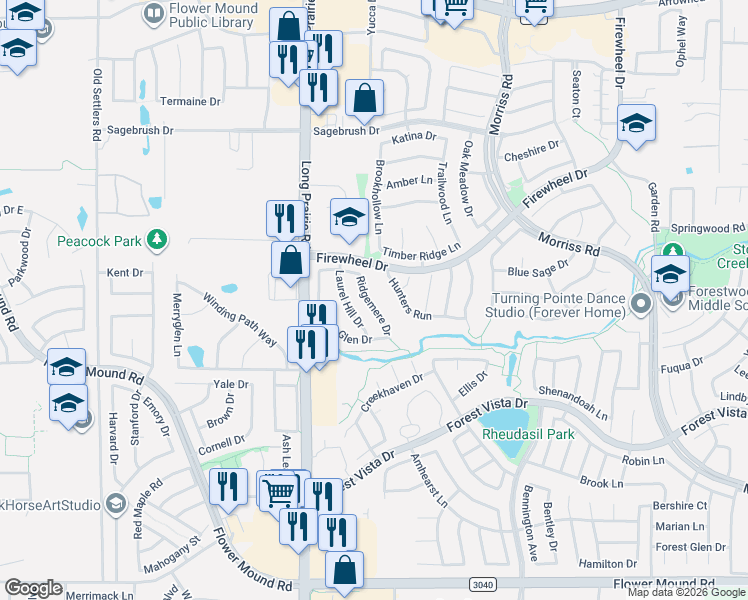 map of restaurants, bars, coffee shops, grocery stores, and more near 2736 Ridgemere Drive in Flower Mound