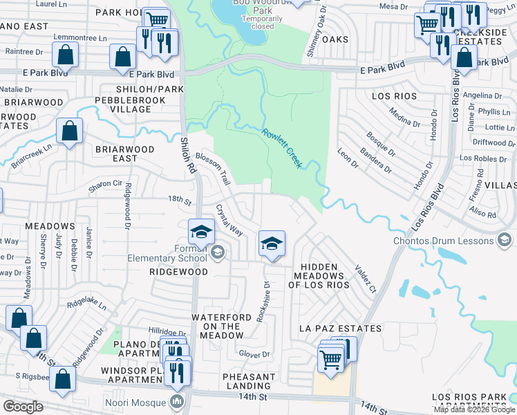 map of restaurants, bars, coffee shops, grocery stores, and more near 1764 Fireside Drive in Plano