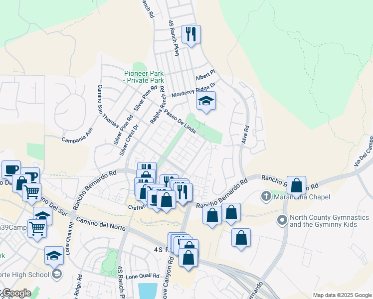 map of restaurants, bars, coffee shops, grocery stores, and more near 17022 Calle Trevino in San Diego