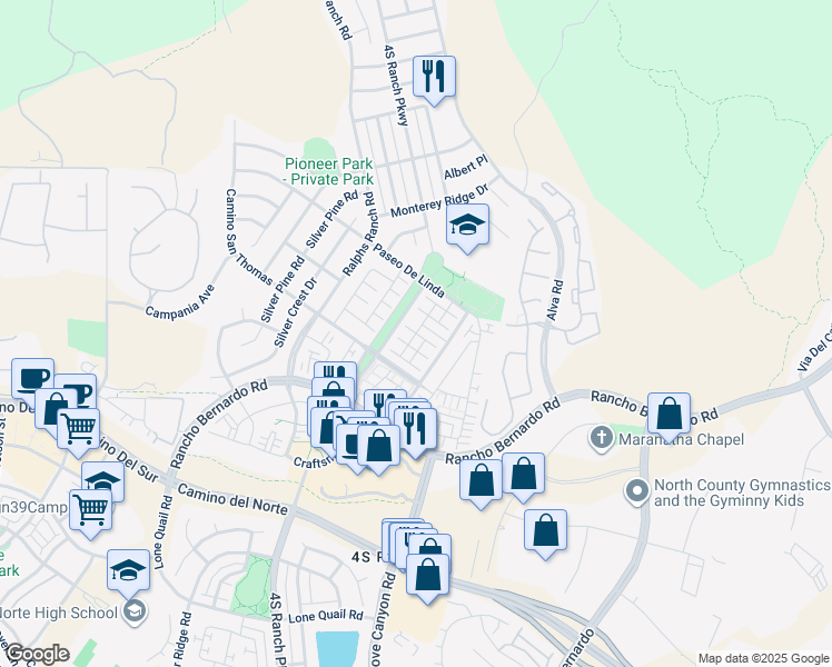 map of restaurants, bars, coffee shops, grocery stores, and more near Calle Trevino & Calle Cressa in San Diego