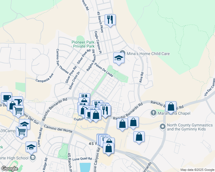 map of restaurants, bars, coffee shops, grocery stores, and more near 17059 Calle Trevino in San Diego