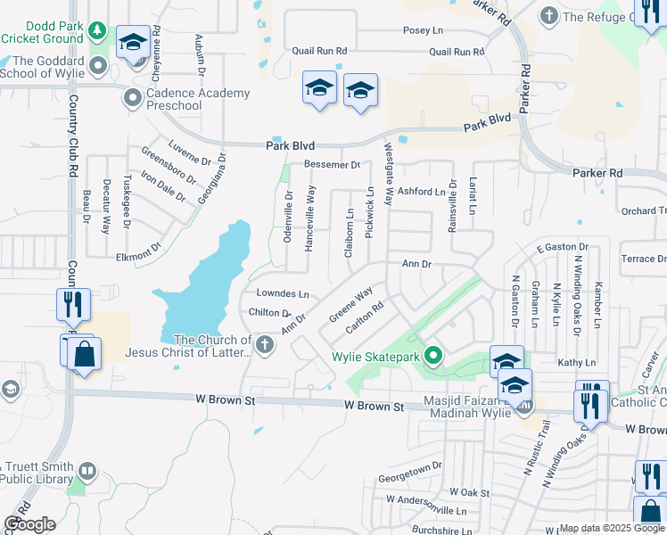 map of restaurants, bars, coffee shops, grocery stores, and more near 606 Gunters Mountain Lane in Wylie