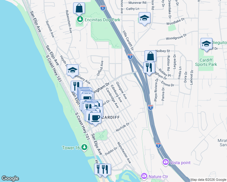 map of restaurants, bars, coffee shops, grocery stores, and more near 2058 Edinburg Avenue in Encinitas