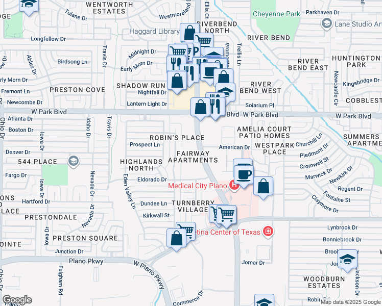 map of restaurants, bars, coffee shops, grocery stores, and more near 1705 Coit Road in Plano