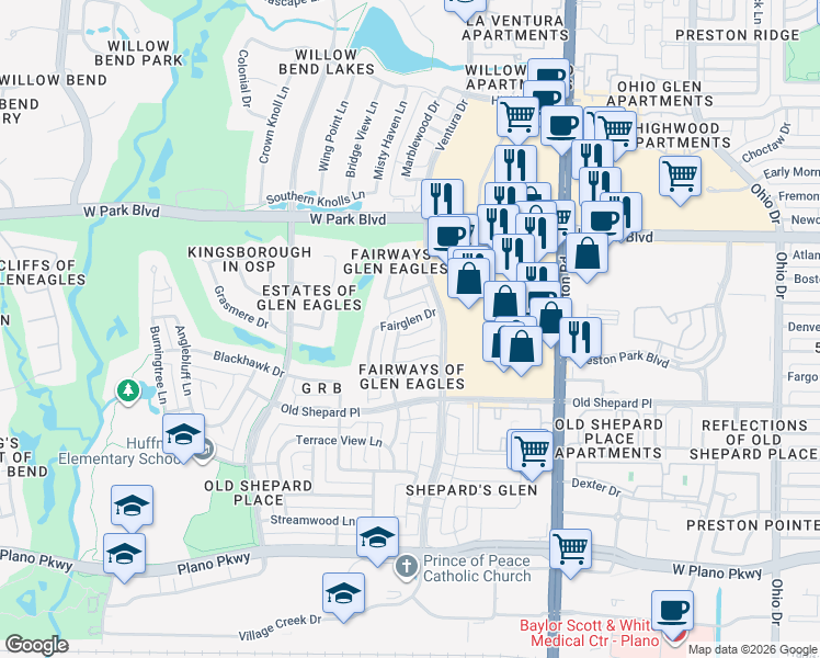 map of restaurants, bars, coffee shops, grocery stores, and more near 5116 Fairglen Drive in Plano