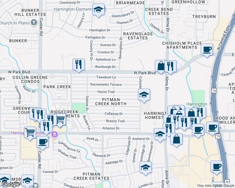map of restaurants, bars, coffee shops, grocery stores, and more near 1524 Huron Trail in Plano