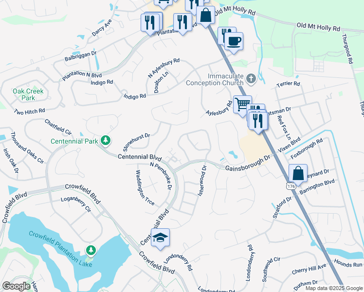 map of restaurants, bars, coffee shops, grocery stores, and more near 112 Hearthstone Circle in Goose Creek