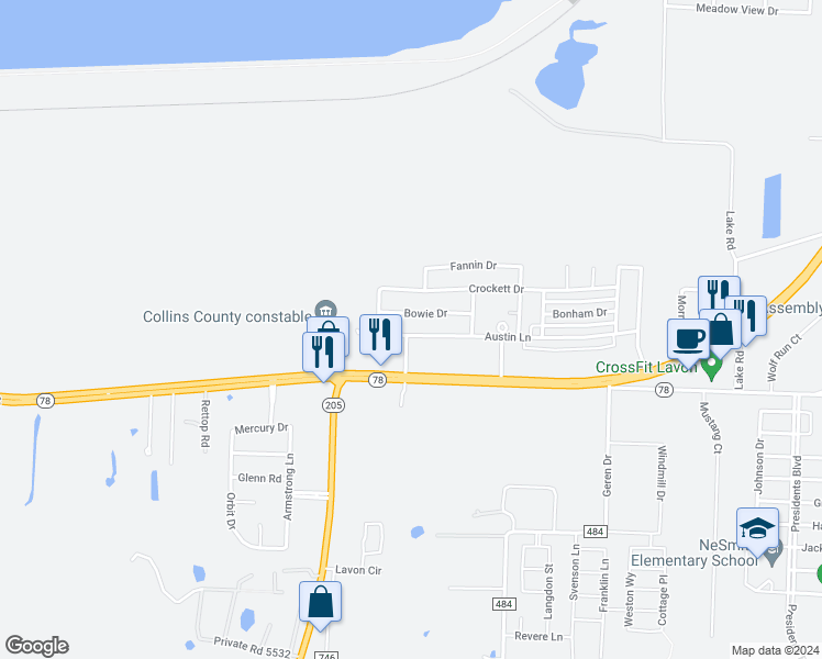 map of restaurants, bars, coffee shops, grocery stores, and more near 893 Austin Lane in Lavon