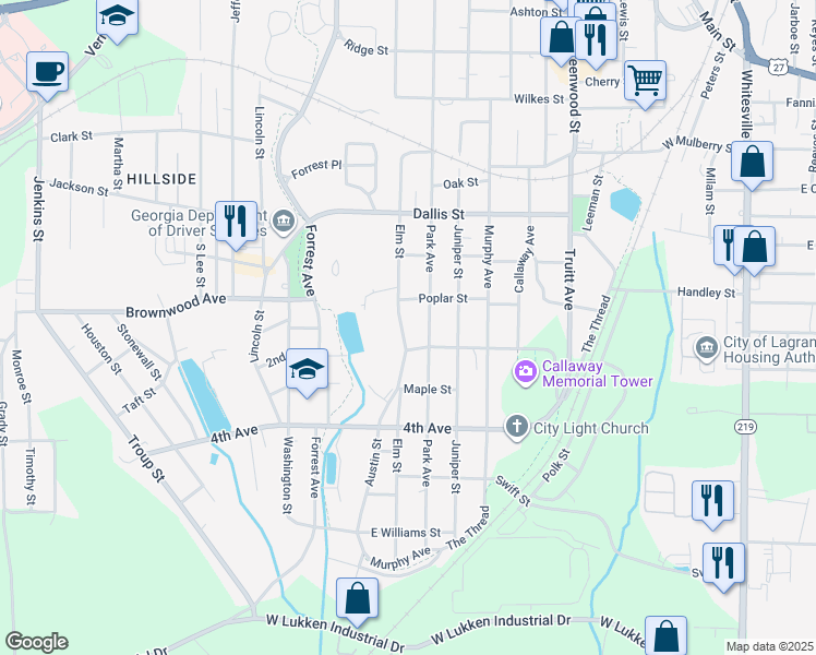map of restaurants, bars, coffee shops, grocery stores, and more near 1007 Elm Street in LaGrange