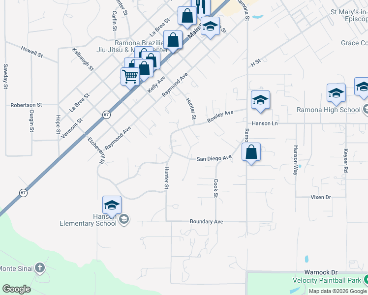 map of restaurants, bars, coffee shops, grocery stores, and more near 2231 San Diego Avenue in Ramona