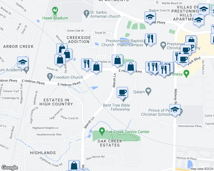 map of restaurants, bars, coffee shops, grocery stores, and more near 4233 Marsh Lane in Carrollton