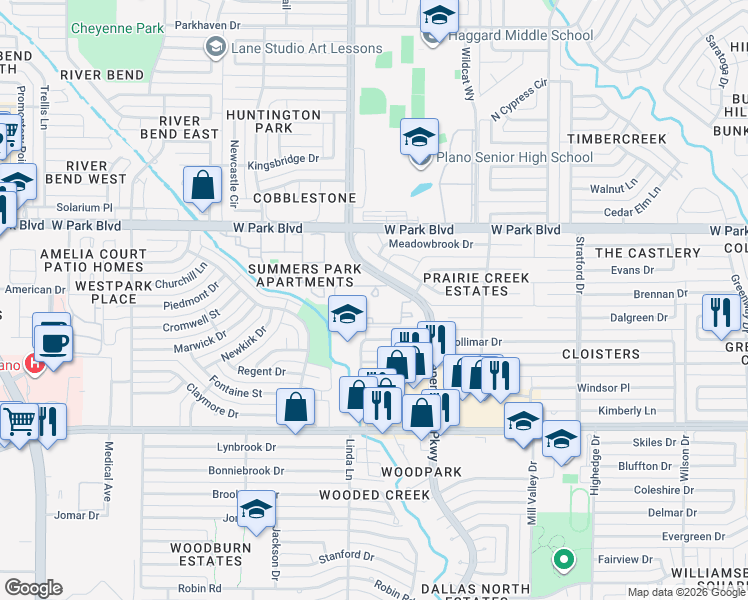 map of restaurants, bars, coffee shops, grocery stores, and more near 1717 Independence Parkway in Plano