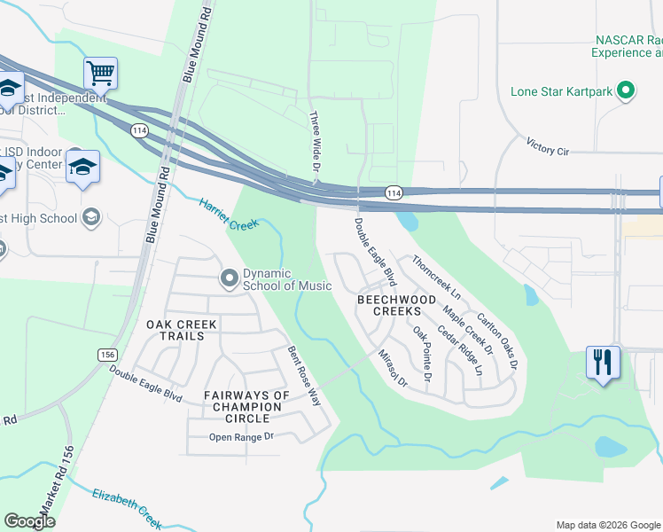map of restaurants, bars, coffee shops, grocery stores, and more near 15949 BlakeTree Drive in Fort Worth