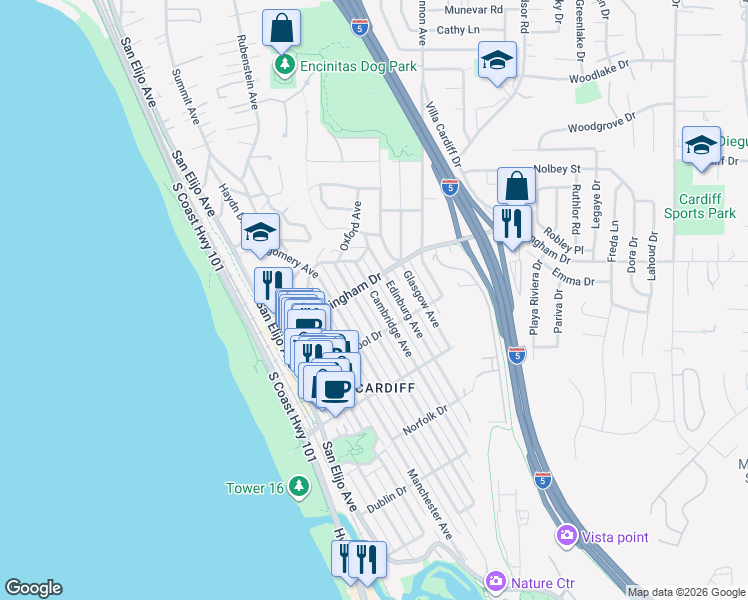 map of restaurants, bars, coffee shops, grocery stores, and more near 2032 Cambridge Avenue in Encinitas