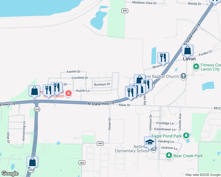 map of restaurants, bars, coffee shops, grocery stores, and more near 603 Austin Ln in Lavon