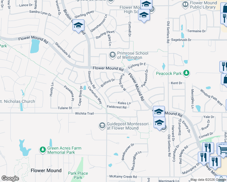 map of restaurants, bars, coffee shops, grocery stores, and more near 3700 Dresage Lane in Flower Mound