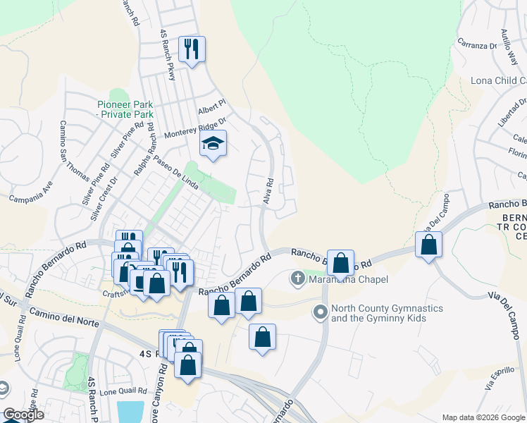 map of restaurants, bars, coffee shops, grocery stores, and more near 17161 Alva Road in San Diego