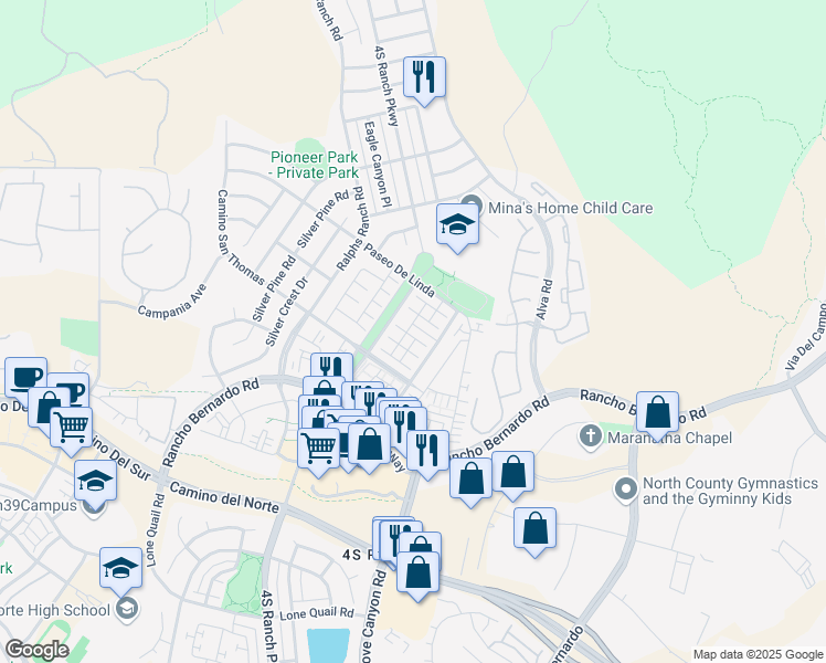 map of restaurants, bars, coffee shops, grocery stores, and more near 17022 Calle Trevino in San Diego
