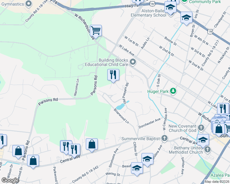 map of restaurants, bars, coffee shops, grocery stores, and more near 101 Scott Court in Summerville