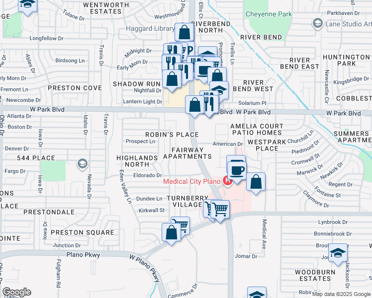 map of restaurants, bars, coffee shops, grocery stores, and more near 1705 Coit Road in Plano