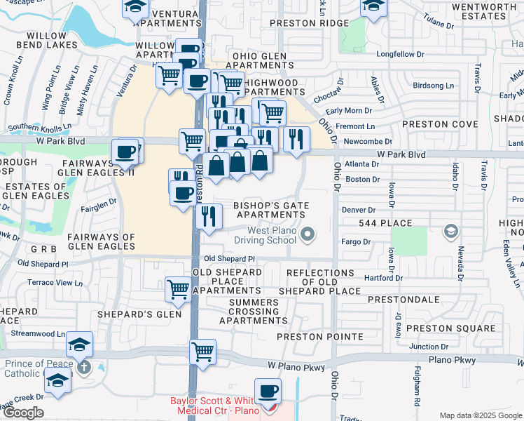 map of restaurants, bars, coffee shops, grocery stores, and more near 4701 Preston Park Boulevard in Plano