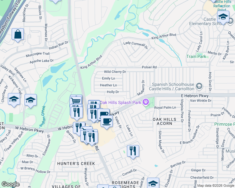 map of restaurants, bars, coffee shops, grocery stores, and more near 1136 Holly Drive in Carrollton