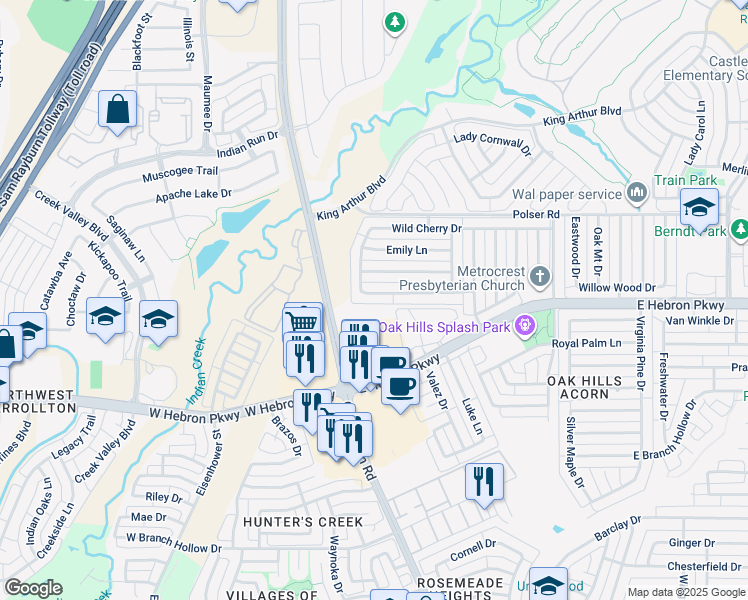 map of restaurants, bars, coffee shops, grocery stores, and more near 1102 Holly Drive in Carrollton