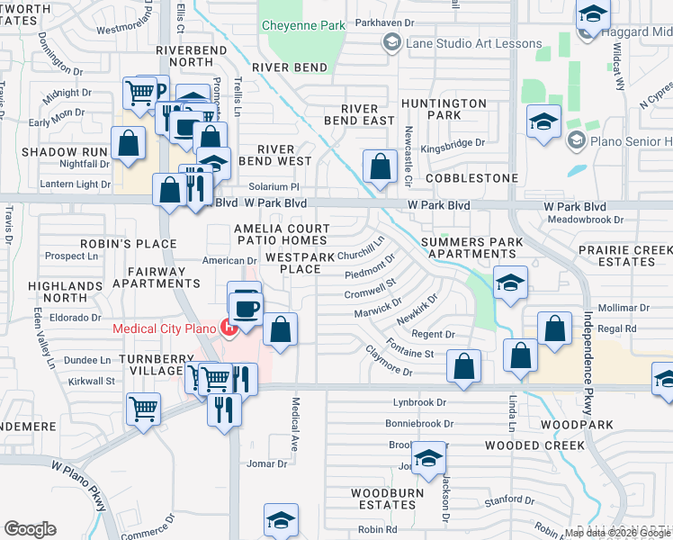 map of restaurants, bars, coffee shops, grocery stores, and more near 3617 Piedmont Drive in Plano