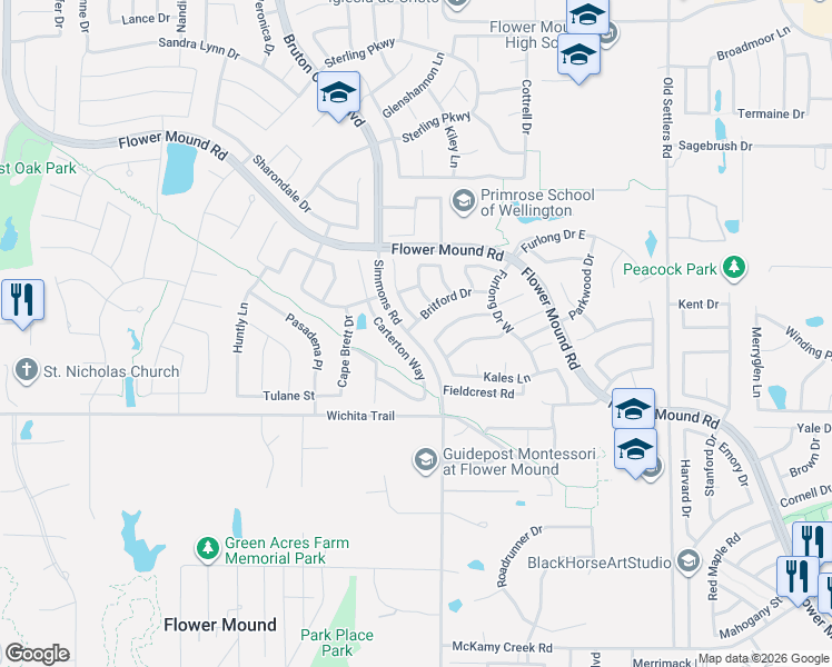 map of restaurants, bars, coffee shops, grocery stores, and more near 3732 Appalachian Way in Flower Mound