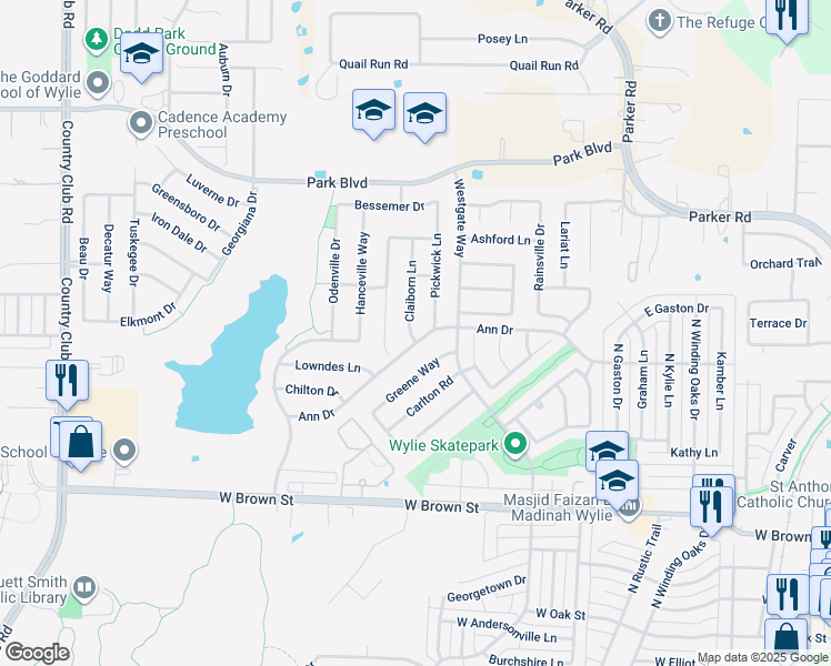 map of restaurants, bars, coffee shops, grocery stores, and more near 600 Claiborn Lane in Wylie