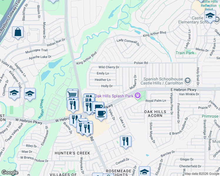 map of restaurants, bars, coffee shops, grocery stores, and more near 1136 Holly Dr in Carrollton